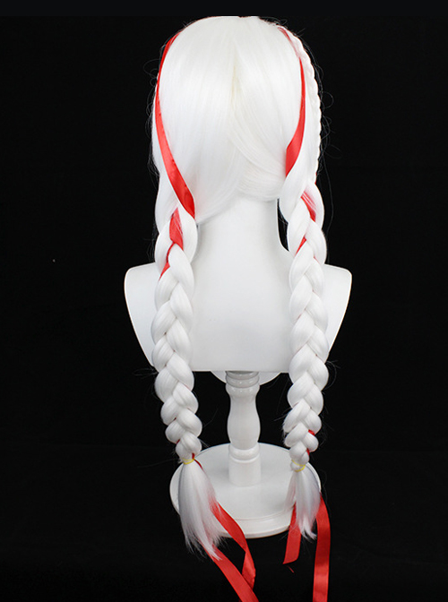 Yang Yuhuan Red Ribbons White Braided Double Ponytail Game Cosplay Wigs