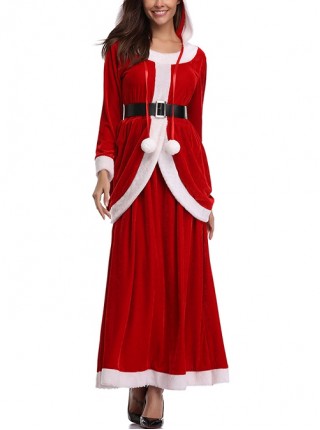 Cute Plush Balls Hat Rope Long Red Round Collar Long Sleeve Hooded Dress Significantly Taller Slim Christmas Suit