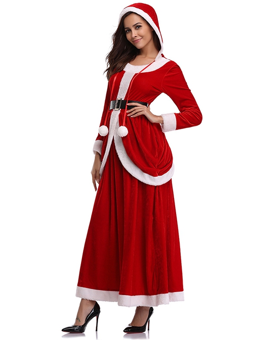 Cute Plush Balls Hat Rope Long Red Round Collar Long Sleeve Hooded Dress Significantly Taller Slim Christmas Suit