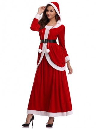 Cute Plush Balls Hat Rope Long Red Round Collar Long Sleeve Hooded Dress Significantly Taller Slim Christmas Suit