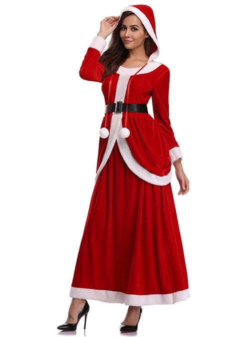 Cute Plush Balls Hat Rope Long Red Round Collar Long Sleeve Hooded Dress Significantly Taller Slim Christmas Suit