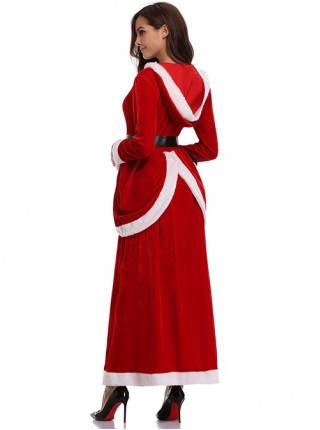 Cute Plush Balls Hat Rope Long Red Round Collar Long Sleeve Hooded Dress Significantly Taller Slim Christmas Suit