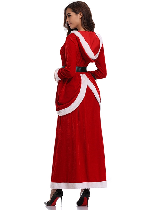 Cute Plush Balls Hat Rope Long Red Round Collar Long Sleeve Hooded Dress Significantly Taller Slim Christmas Suit