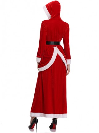 Cute Plush Balls Hat Rope Long Red Round Collar Long Sleeve Hooded Dress Significantly Taller Slim Christmas Suit