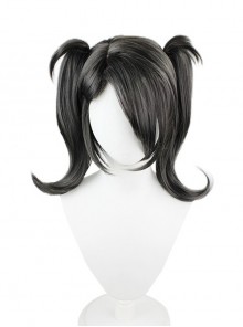 Ame Oblique-bangs Black Curly Upturned Double Ponytail Game Cosplay Wigs