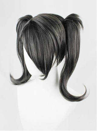 Ame Oblique-bangs Black Curly Upturned Double Ponytail Game Cosplay Wigs