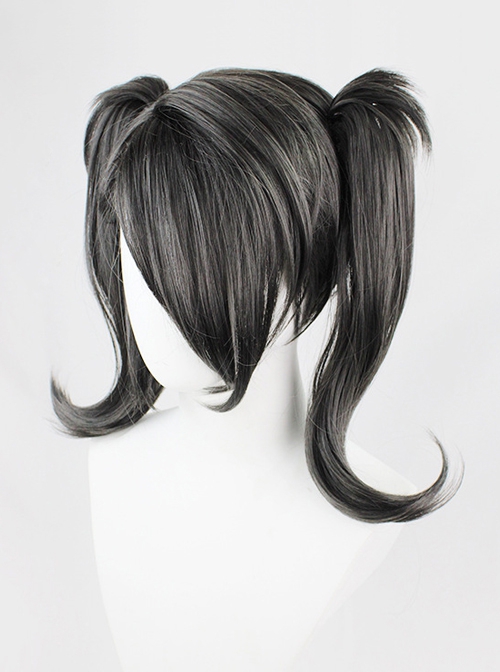 Ame Oblique-bangs Black Curly Upturned Double Ponytail Game Cosplay Wigs