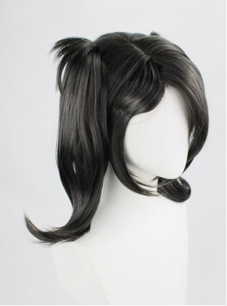 Ame Oblique-bangs Black Curly Upturned Double Ponytail Game Cosplay Wigs