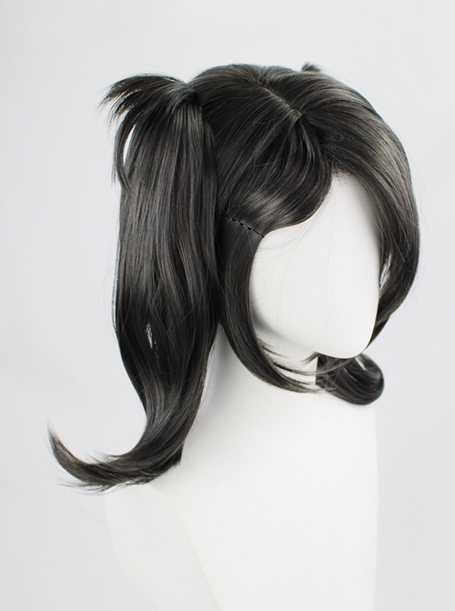 Ame Oblique-bangs Black Curly Upturned Double Ponytail Game Cosplay Wigs