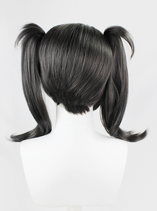 Ame Oblique-bangs Black Curly Upturned Double Ponytail Game Cosplay Wigs