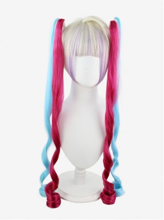 OMGkawaiiAngel-chan Gray Gradient Pink Blue Long Curly Double Ponytail Game Cosplay Wigs