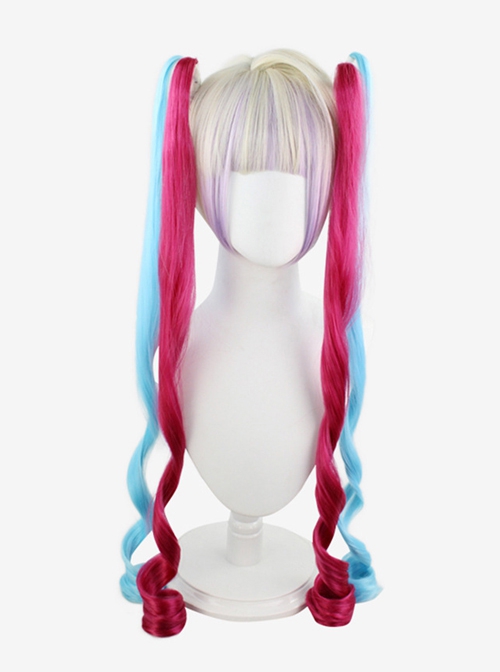 OMGkawaiiAngel-chan Gray Gradient Pink Blue Long Curly Double Ponytail Game Cosplay Wigs