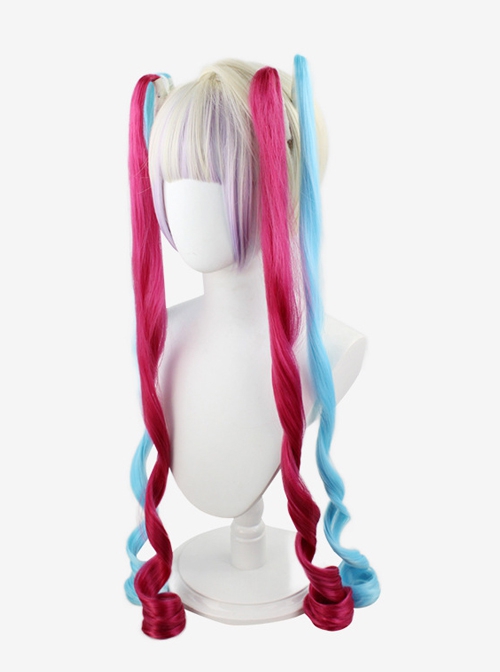 OMGkawaiiAngel-chan Gray Gradient Pink Blue Long Curly Double Ponytail Game Cosplay Wigs