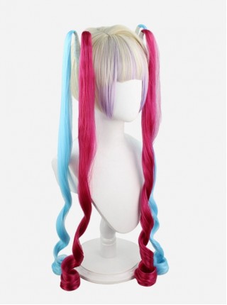 OMGkawaiiAngel-chan Gray Gradient Pink Blue Long Curly Double Ponytail Game Cosplay Wigs