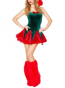 Hot Sexy Back Drawstring Design Playful Personality Red-green Contrasting Colors Tube Top Short Dress Christmas Uniform Set