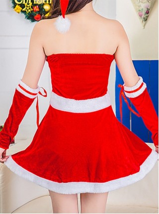 Red Tube Top Short Dress Bow Gloves Christmas Hat Set Christmas Party Stage Performance Costume