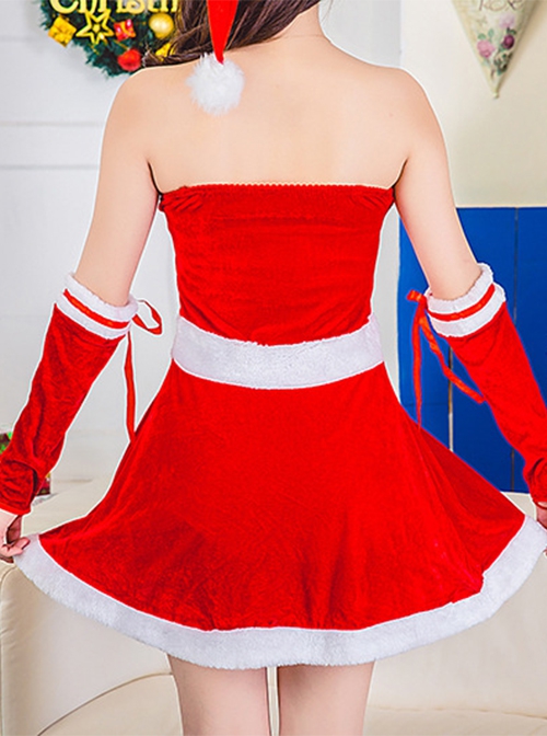 Red Tube Top Short Dress Bow Gloves Christmas Hat Set Christmas Party Stage Performance Costume