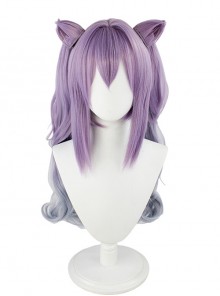 Keqing Purple Gradient Curly Double Ponytails Cat Ears Game Cosplay Wigs Female