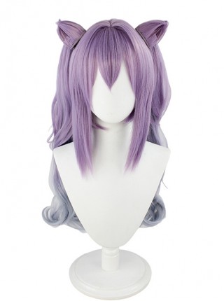 Keqing Purple Gradient Curly Double Ponytails Cat Ears Game Cosplay Wigs Female