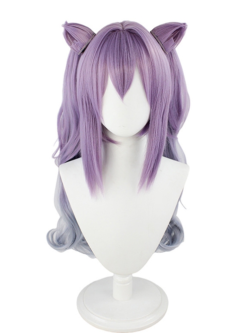 Keqing Purple Gradient Curly Double Ponytails Cat Ears Game Cosplay Wigs Female