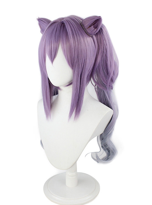 Keqing Purple Gradient Curly Double Ponytails Cat Ears Game Cosplay Wigs Female