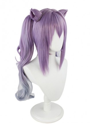 Keqing Purple Gradient Curly Double Ponytails Cat Ears Game Cosplay Wigs Female