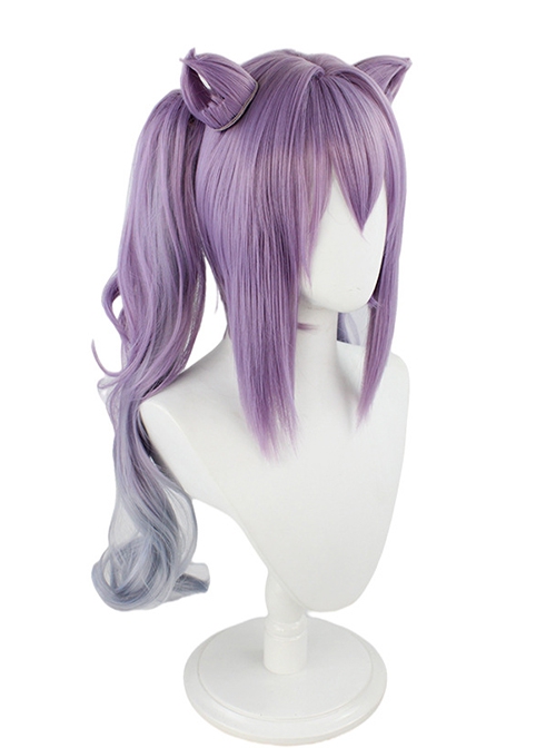 Keqing Purple Gradient Curly Double Ponytails Cat Ears Game Cosplay Wigs Female