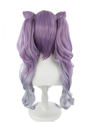 Keqing Purple Gradient Curly Double Ponytails Cat Ears Game Cosplay Wigs Female