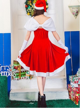 Simple Temperament Christmas White Small Shawl Tube Top Knee Length Dress Set