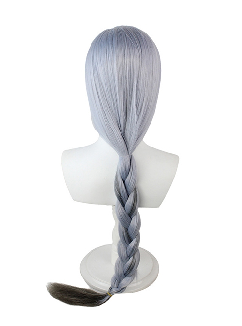 Shenhe Light Blue Gradient Dark Gray Long Thick Pigtail Game Cosplay Wigs Female