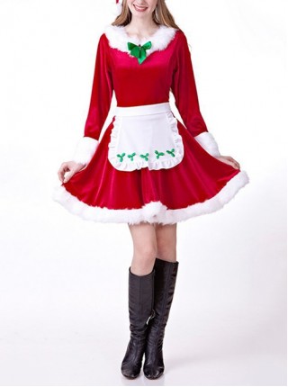Neckline Green Bow White Apron Red Short Long Sleeve Maid Party Uniform Christmas Dress Suit