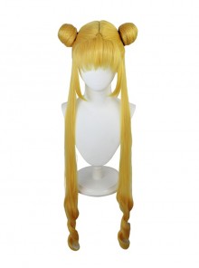 Tsukino Usagi Golden Yellow Bangs Bun Double Ponytail Female Cosplay Wigs