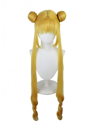 Tsukino Usagi Golden Yellow Bangs Bun Double Ponytail Female Cosplay Wigs