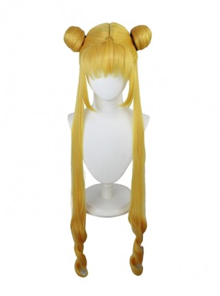 Tsukino Usagi Golden Yellow Bangs Bun Double Ponytail Female Cosplay Wigs