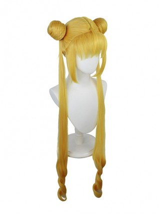 Tsukino Usagi Golden Yellow Bangs Bun Double Ponytail Female Cosplay Wigs