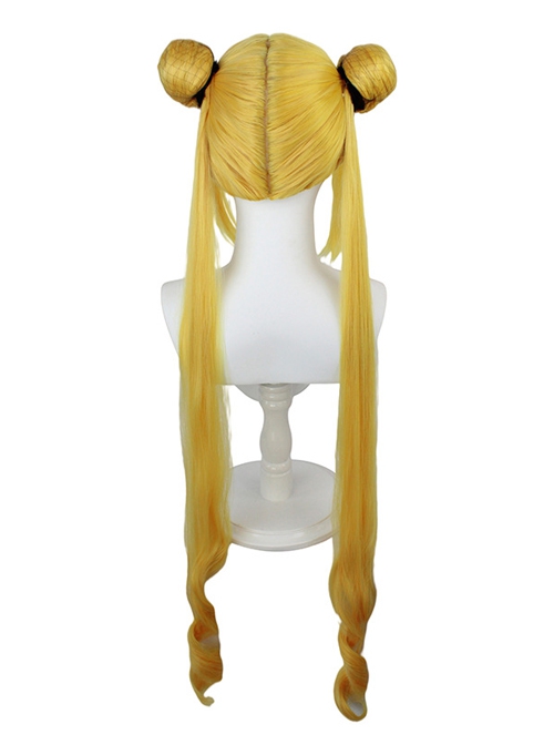 Tsukino Usagi Golden Yellow Bangs Bun Double Ponytail Female Cosplay Wigs