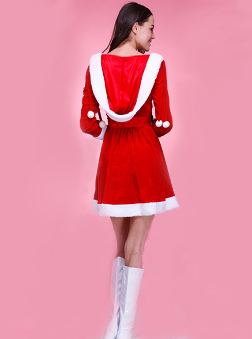 Short Red Long Sleeve Black Chest Strap Waist Bow Hooded Dress Christmas Costume Female