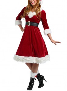 Red V Collar Elbow Three-quarter Sleeve Bow Plush Leg Ornament Knee-length Dress Christmas Lady Suit