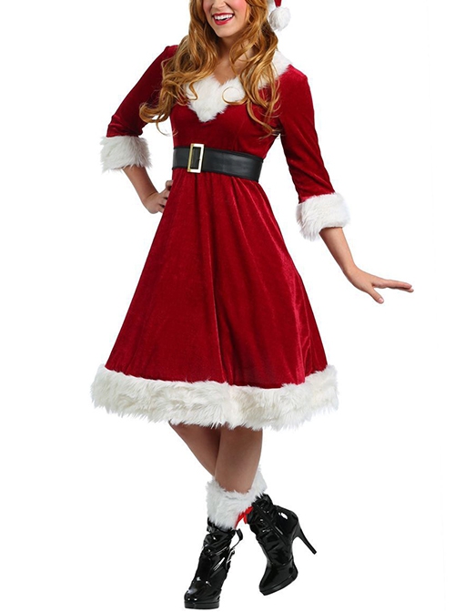 Red V Collar Elbow Three-quarter Sleeve Bow Plush Leg Ornament Knee-length Dress Christmas Lady Suit