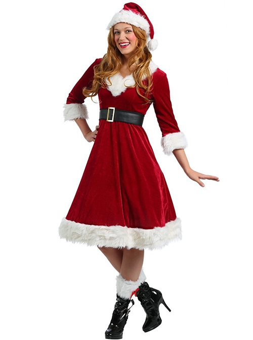 Red V Collar Elbow Three-quarter Sleeve Bow Plush Leg Ornament Knee-length Dress Christmas Lady Suit