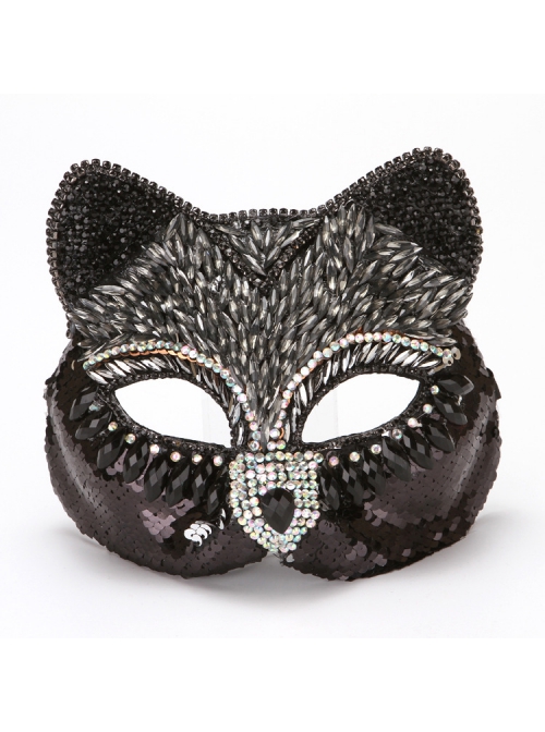 Gorgeous Rhinestone Inlay Sequins Fox Cat Masquerade Half Face Performance Mask