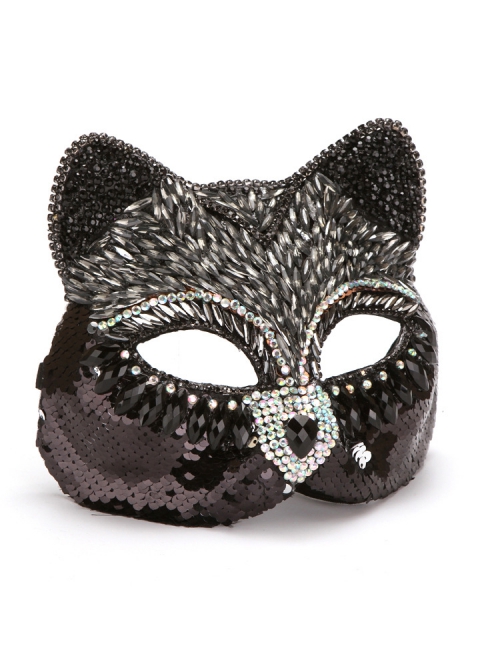 Gorgeous Rhinestone Inlay Sequins Fox Cat Masquerade Half Face Performance Mask