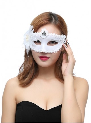 White Flower Feather Decoration Lace Edge Birthday Party Masquerade Half Face Elegant Mask