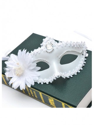 White Flower Feather Decoration Lace Edge Birthday Party Masquerade Half Face Elegant Mask