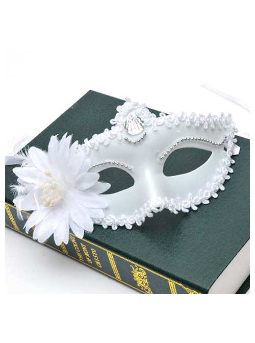 White Flower Feather Decoration Lace Edge Birthday Party Masquerade Half Face Elegant Mask