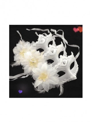 White Flower Feather Decoration Lace Edge Birthday Party Masquerade Half Face Elegant Mask