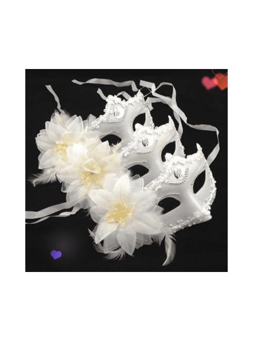 White Flower Feather Decoration Lace Edge Birthday Party Masquerade Half Face Elegant Mask