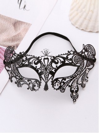 Half Face Black Ultra Thin Metal Hollow Out Rhinestone Inlay Party Performance Masquerade Mask