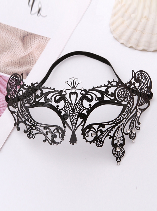 Half Face Black Ultra Thin Metal Hollow Out Rhinestone Inlay Party Performance Masquerade Mask