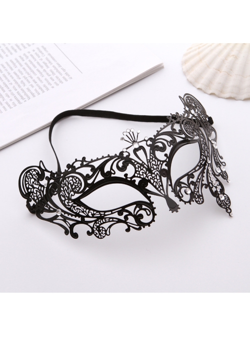 Half Face Black Ultra Thin Metal Hollow Out Rhinestone Inlay Party Performance Masquerade Mask